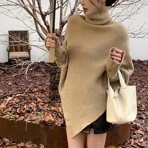 Knitted sweater for women with asymmetric cut and high collar Lune London