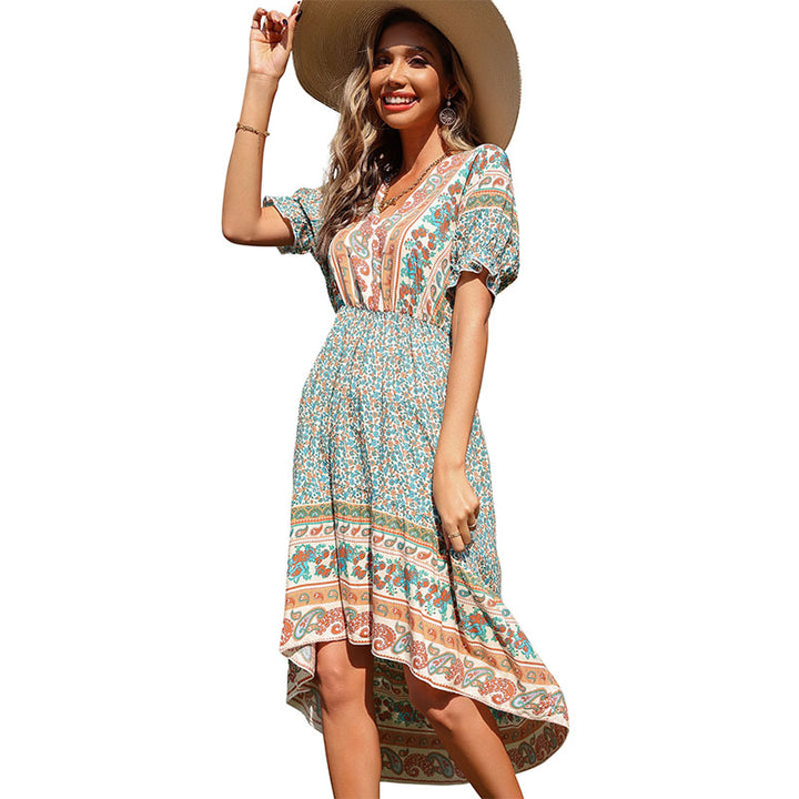 Boho midi dress for women with asymmetrical hem and striking print Lune London