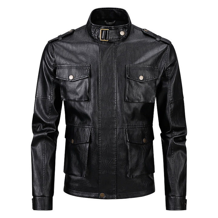 Veste militaire pour hommes en simili cuir avec poches pratiques et col haut Lune London