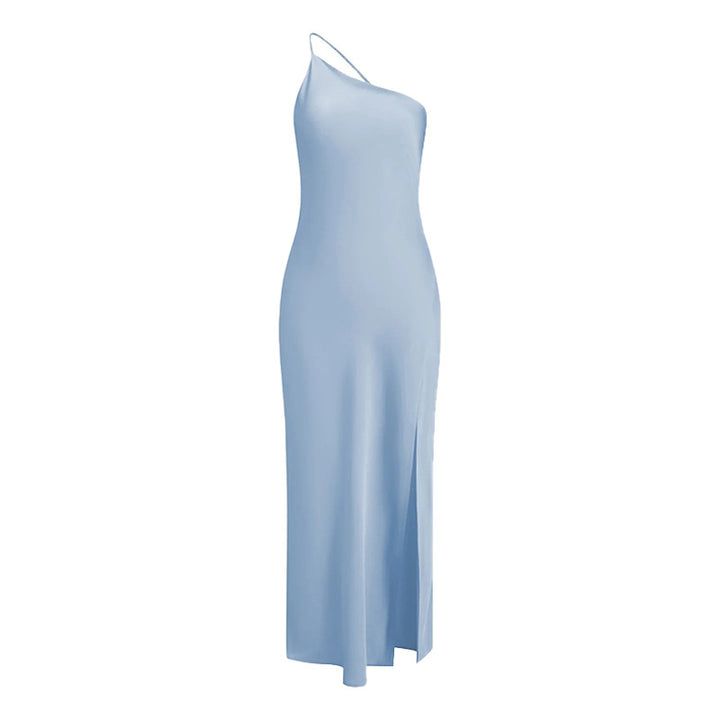 Maxi dress for ladies with asymmetric neckline and high slit Lune London