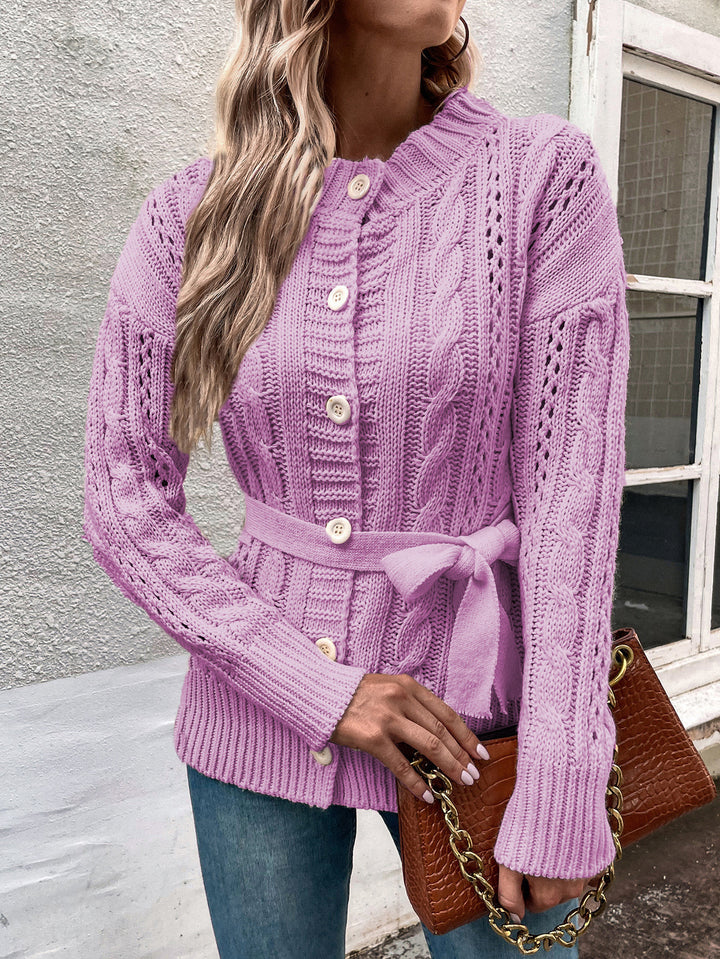 Ladies Chunky Knit Cardigan with Belt and Floral Braid Patterns Lune London