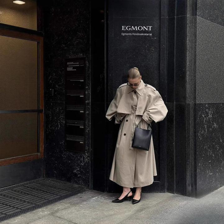 Oversized trench coat for women with richly detailed drapery and trendy cut Lune London