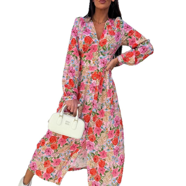Floral print maxi dress for women with button placket Lune London
