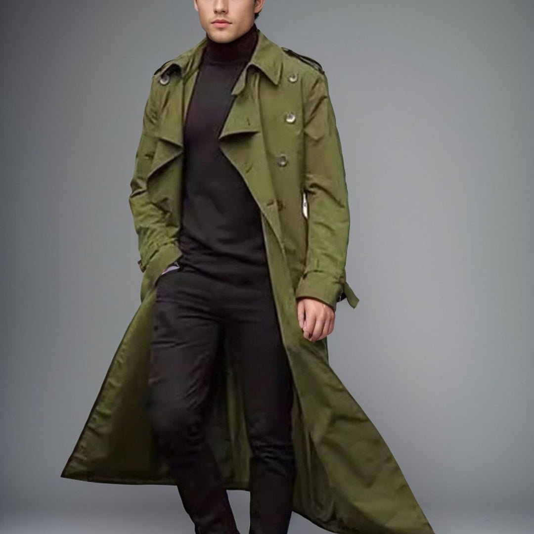 Long trench coat for men with a modern cut and practical pockets Lune London