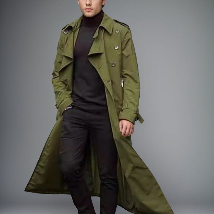 Long trench coat for men with a modern cut and practical pockets Lune London