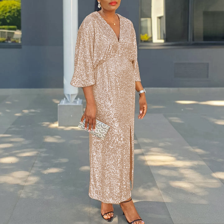 Sparkling evening dress for women with deep slit and luxurious puff sleeves Lune London