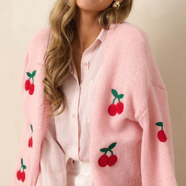 Ladies' cozy knitted cardigan with cherry-inspired appliqués Lune London