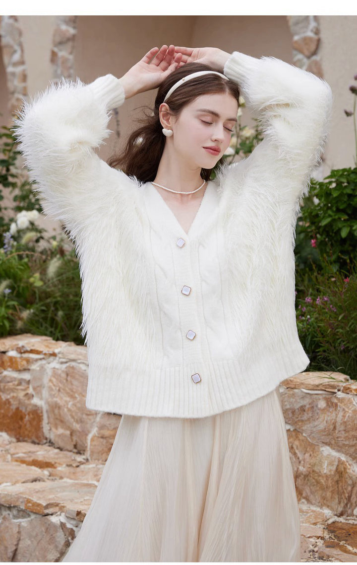 Knitted jacket for women with fluffy sleeves and button closure Lune London