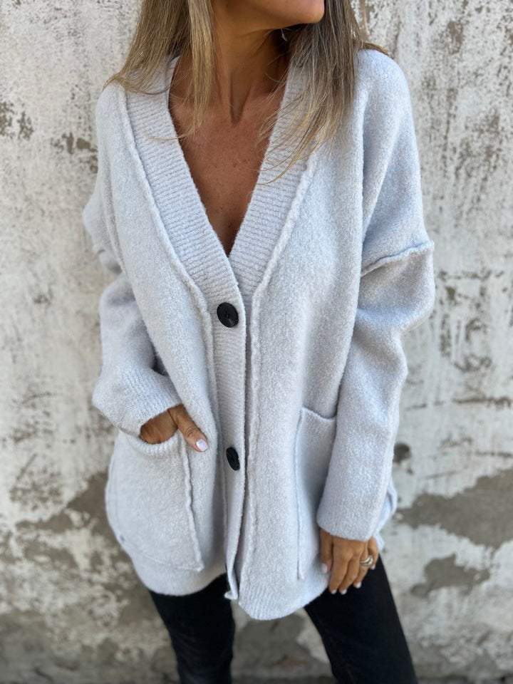 Ladies soft knit cardigan with deep V-neck and large pockets Lune London