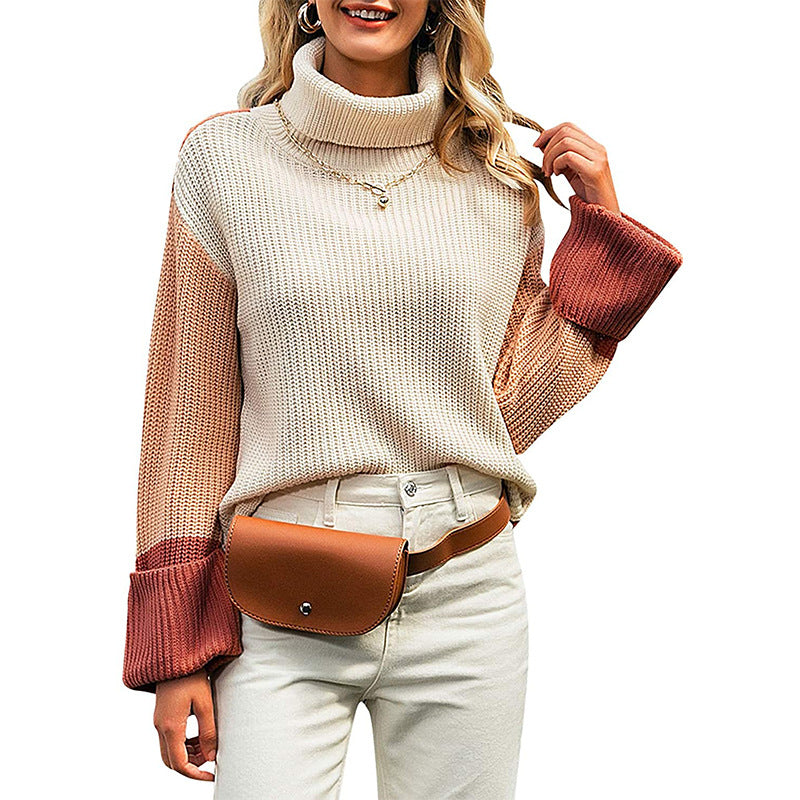 Chunky knit sweater for women with high collar and contrasting sleeves Lune London
