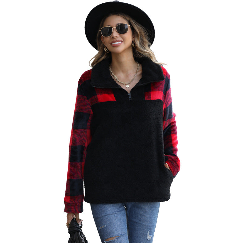 Lune London Women's Plaid Half-Zip Plush Sweater