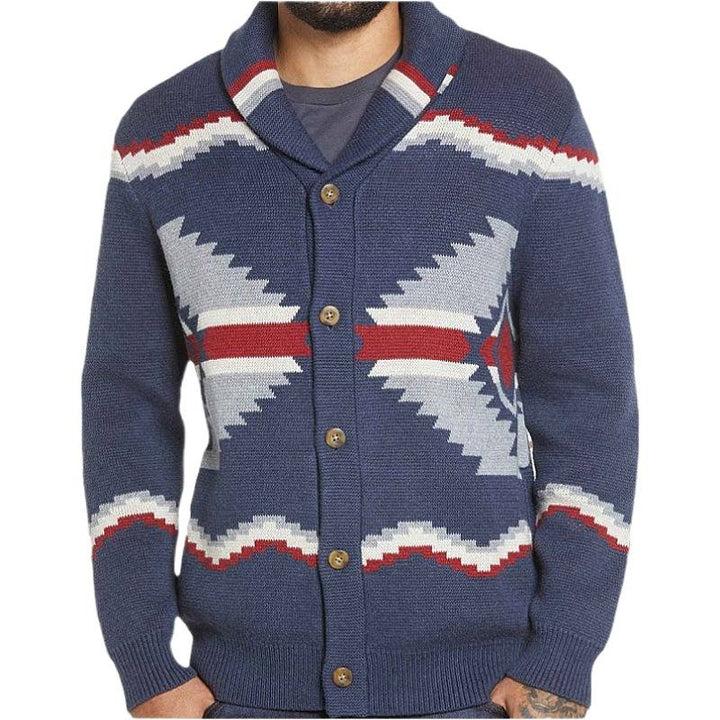 Men's knit jacket with modern ethnic design featuring practical buttons Lune London