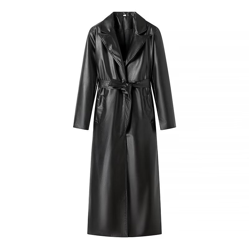 Elegant faux leather trench coat for women with belt Lune London