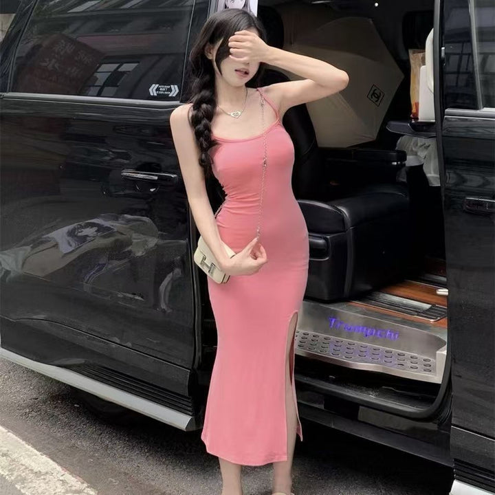 Women's fitted midi dress with spaghetti straps and high slit Lune London