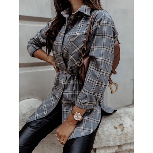 Long sleeve shirt dress for women with adjustable belt and trendy checkered design Lune London