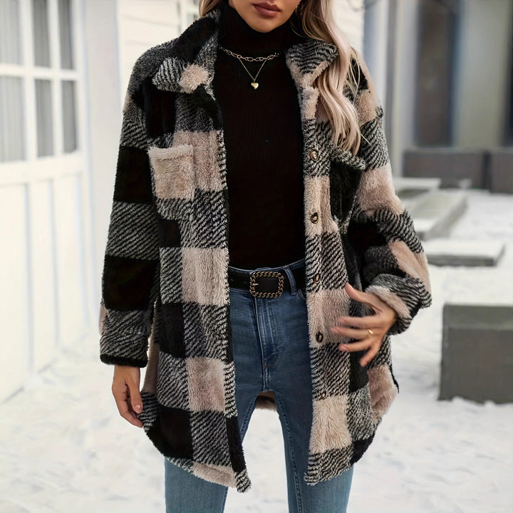 Soft overshirt jacket for women with plaid pattern and soft polyester faux fur Lune London