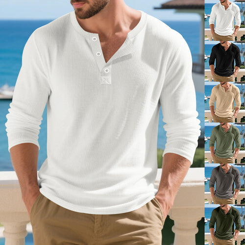 Men's Long Sleeve Henley Shirt with Textured Rib Pattern Lune London