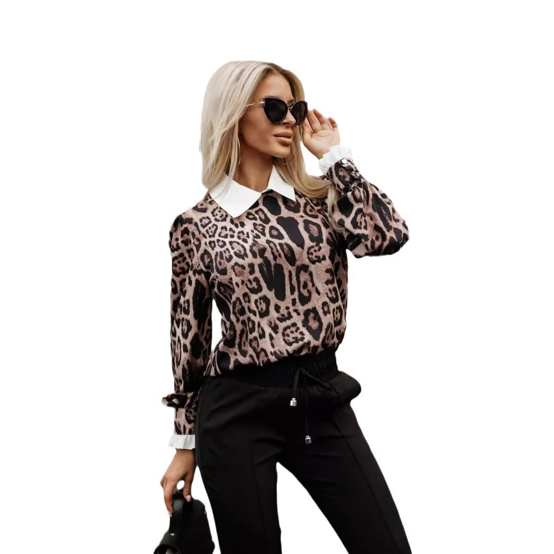 Fashionable women's blouse with a trendy leopard print and elegant collar embellishment Lune London