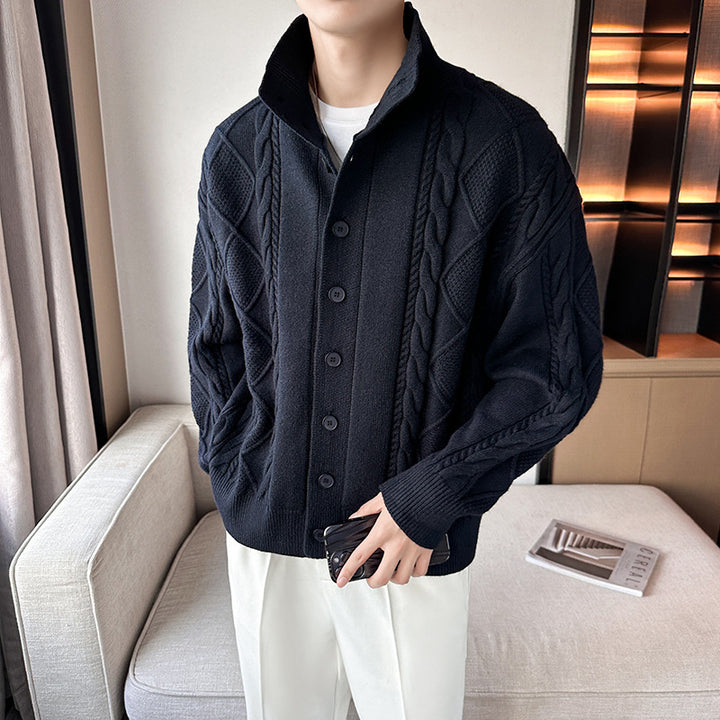 Chunky knit sweater for men with modern high collar and button placket Lune London