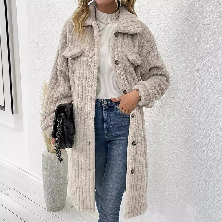 Ladies long soft coat with textured design and patch pockets Lune London