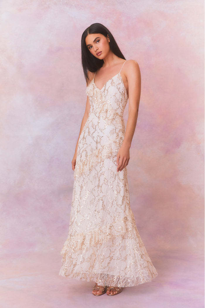 Women's lace maxi dress with shimmering appliqués and ruffle details