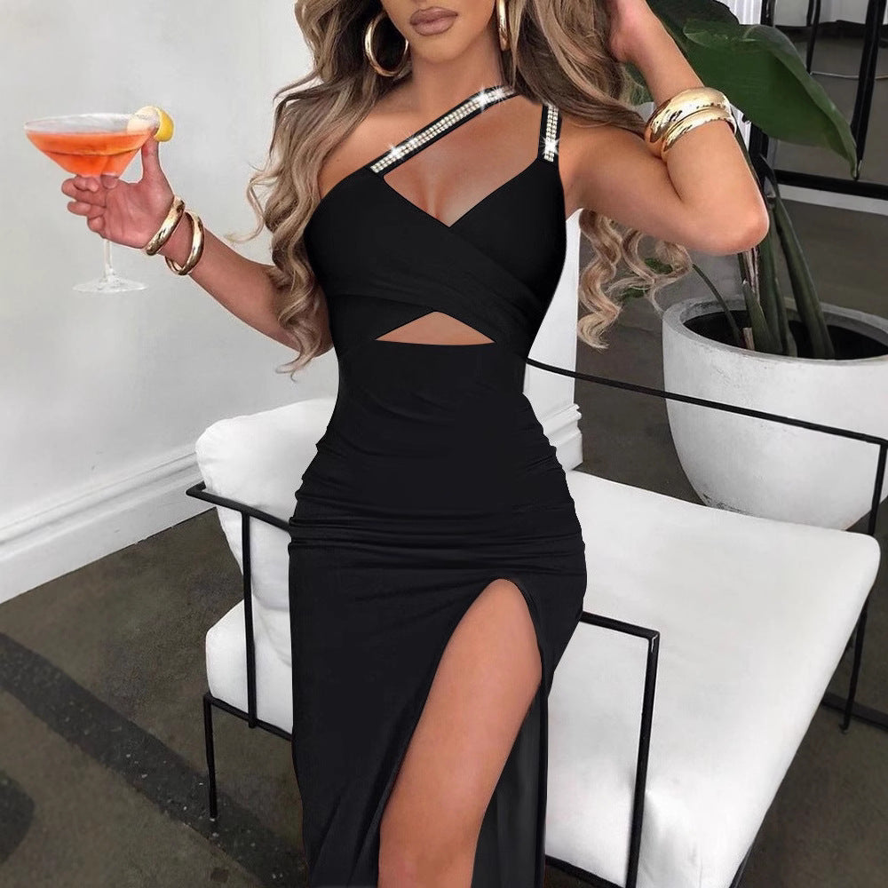 Women's Maxi Dress with Asymmetrical Cut and Elegant Sparkle Details Lune London
