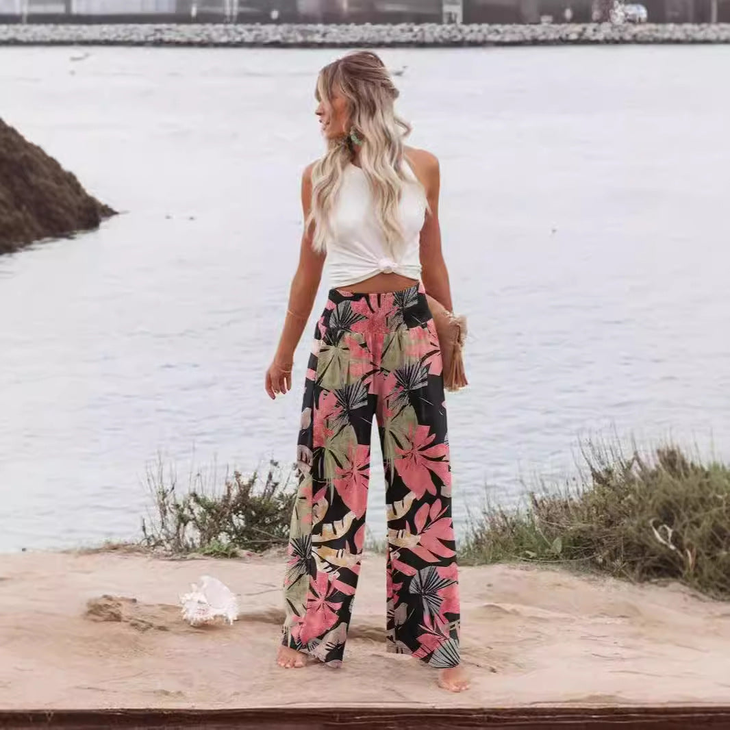 Lune London Women's Palazzo Pants with Elastic Waist and Floral Pattern