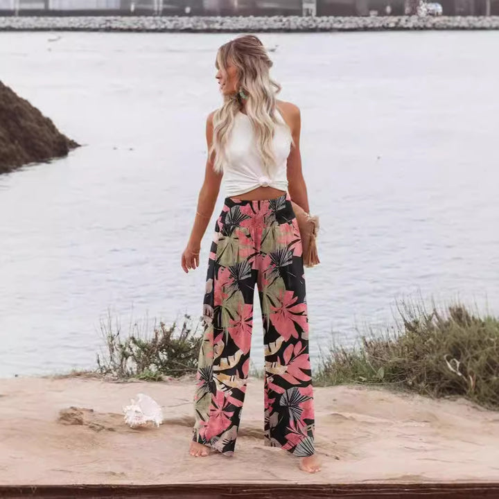Lune London Women's Palazzo Pants with Elastic Waist and Floral Pattern