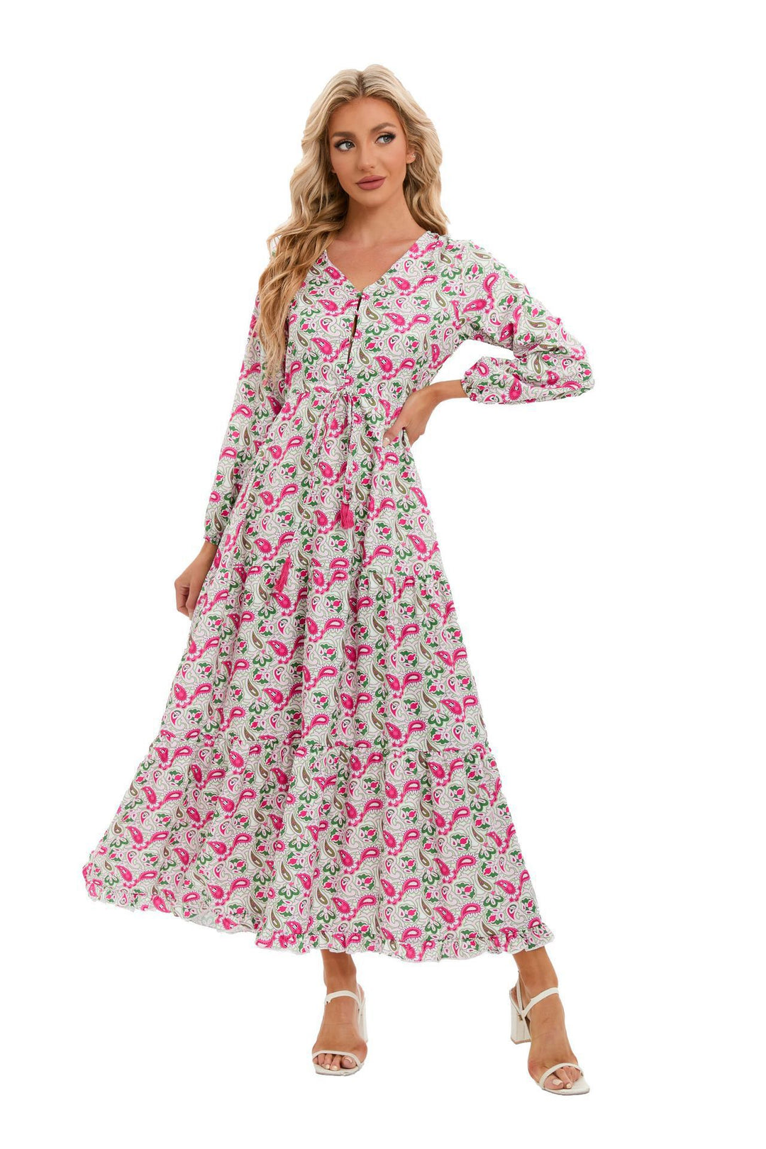Maxi dress for women with a delicate paisley pattern and an elegant button placket Lune London