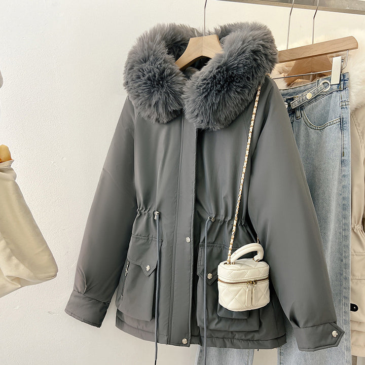 Multifunctional winter jacket for women with removable faux fur collar and adjustable waist drawstring Lune London