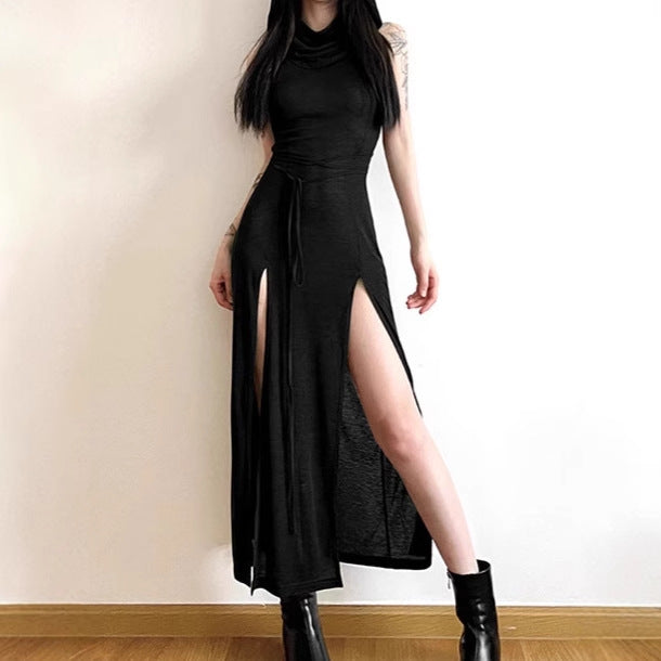 Ladies Elegant Maxi Dress with High Split and Chic Hood