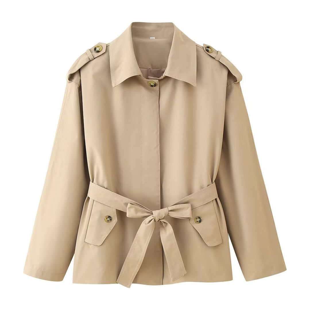 Fashionable women's transitional jacket with belt at the waist and functional buttons Lune London