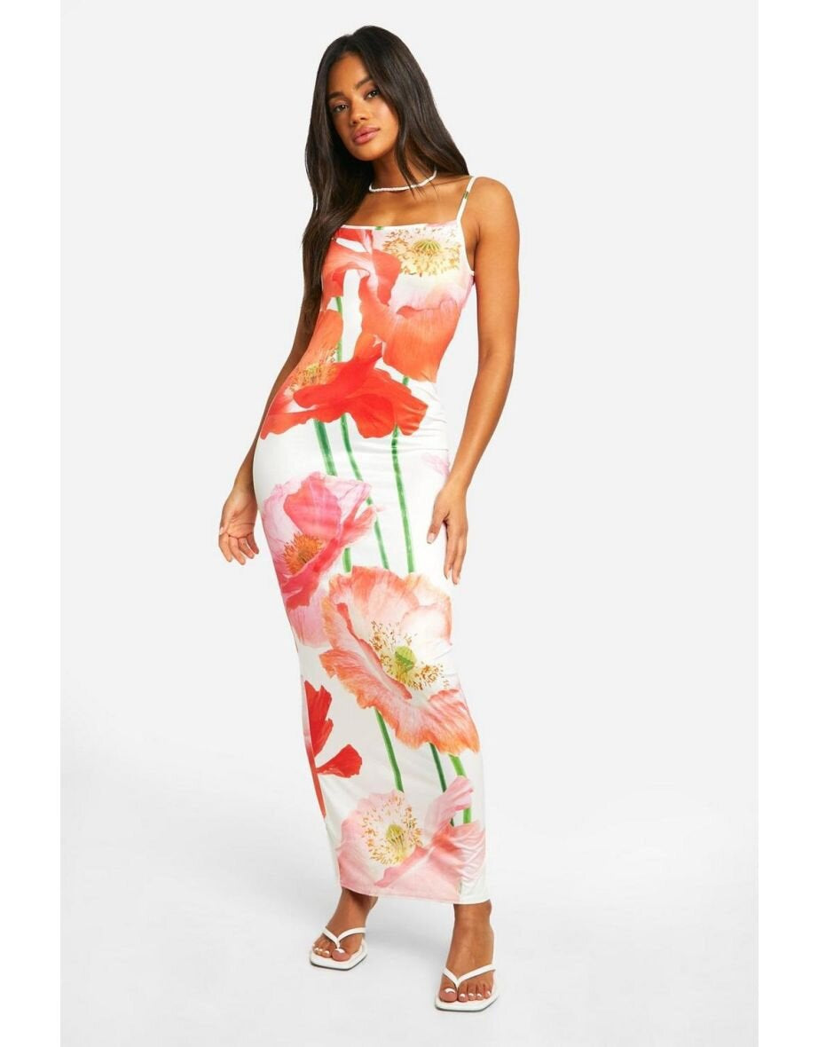 Maxi flower dress with thin straps for women bodycon Lune London