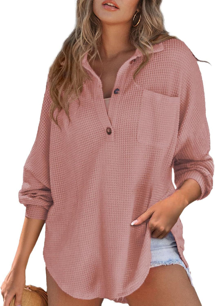 Women's casual ribbed knit top with button placket Lune London