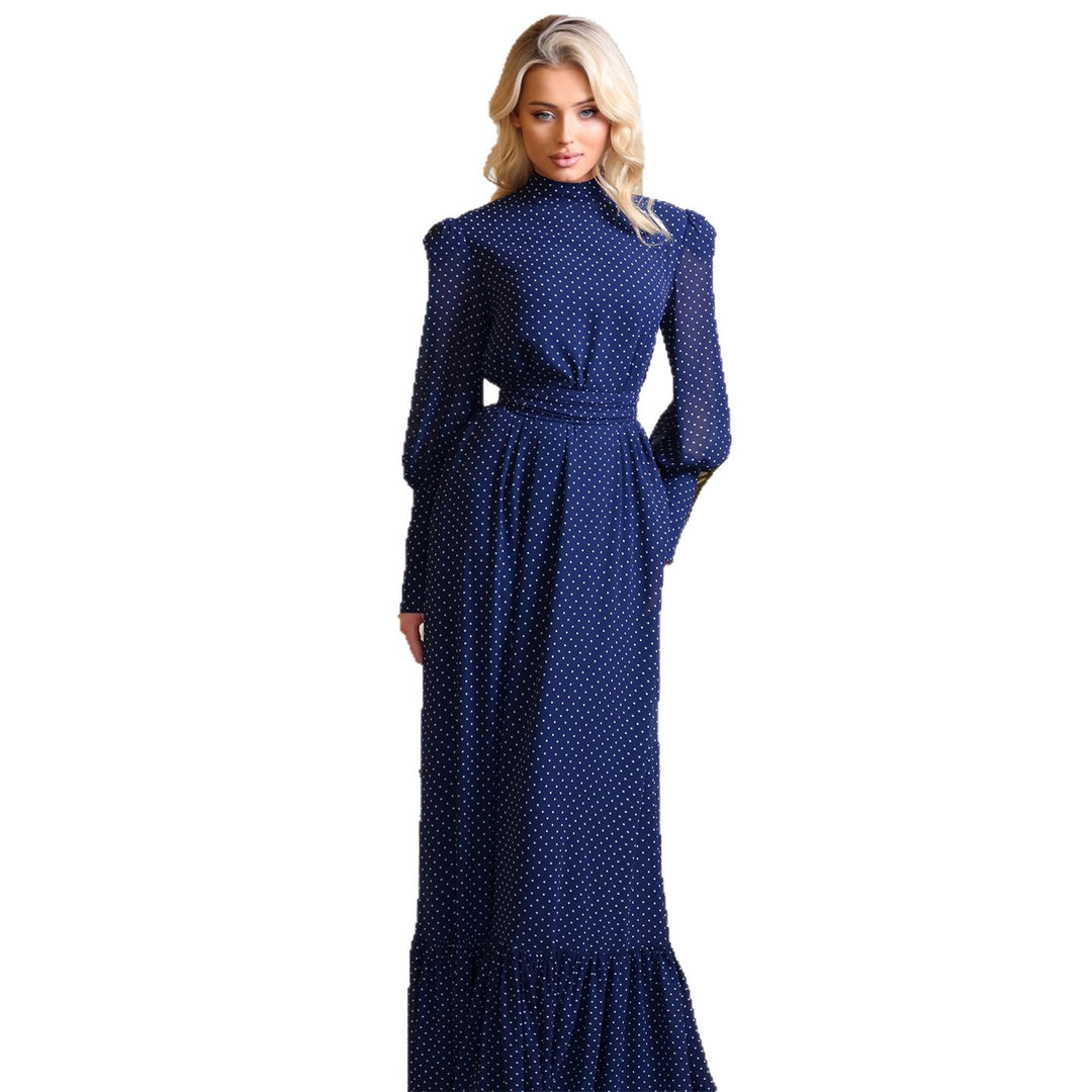 Women's maxi dress with elegant polka dots and sophisticated ruffle details