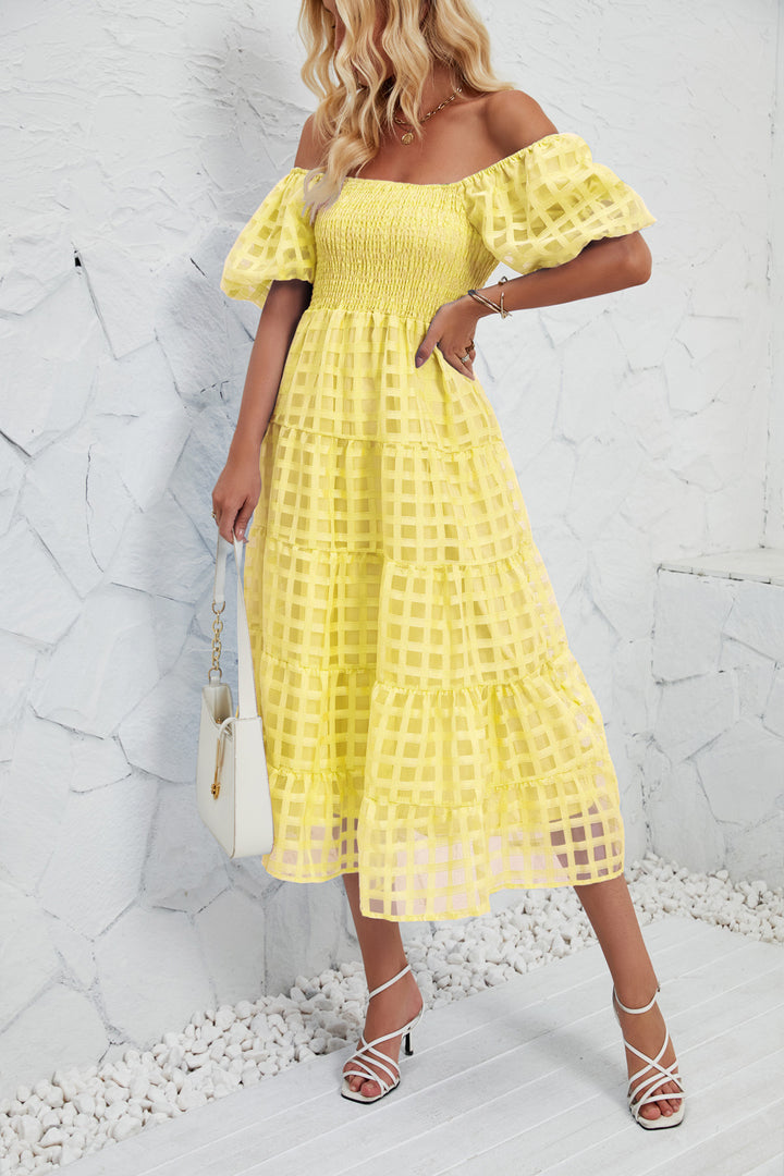Women’s midi dress with puff sleeves and elastic waist belt Lune London