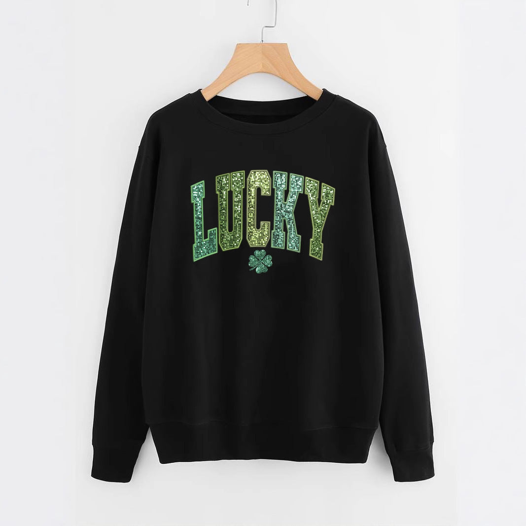Sweatshirt décontracté pour femmes avec lettrage étincelant et motif de trèfle Chic & Stil