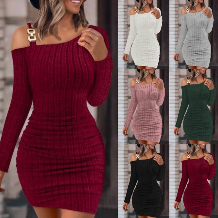 Knitted bodycon dress for women with an asymmetrical shoulder design and decorative accents Lune London