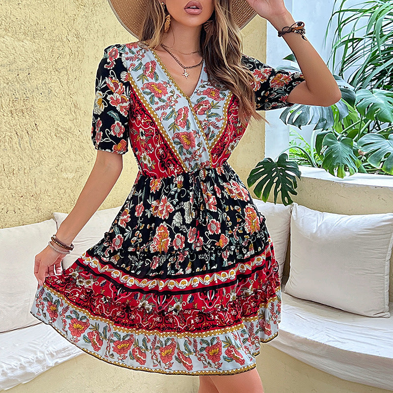 Boho-chic floral wrap dress with ruffles for women Lune London