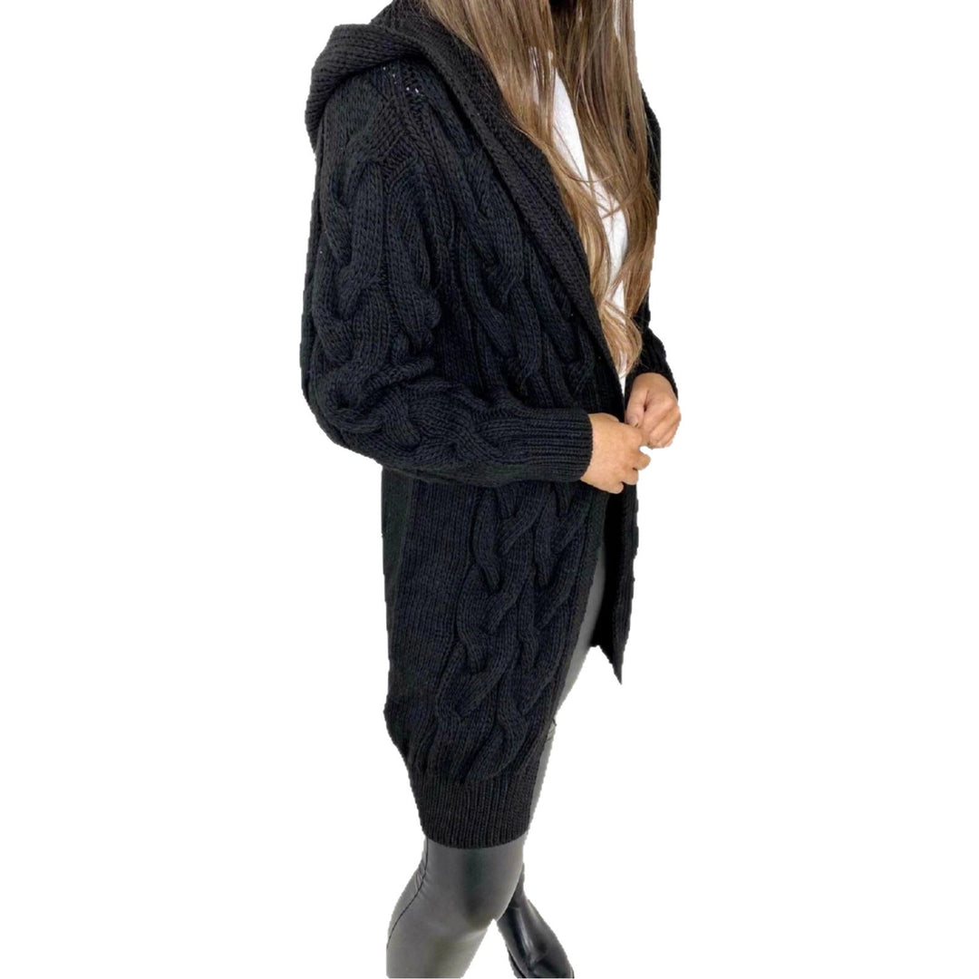 Ladies Long Knit Coat with Textured Braid Design and Practical Hood Chic and Style