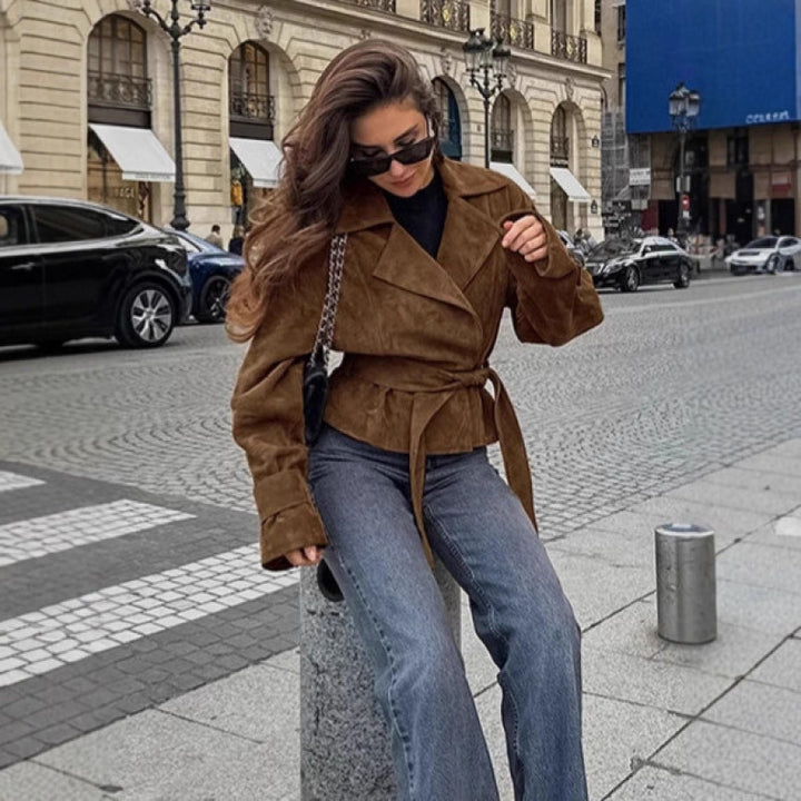 Ladies Fashion Suede Jacket with Belt and Tailored Cut Lune London