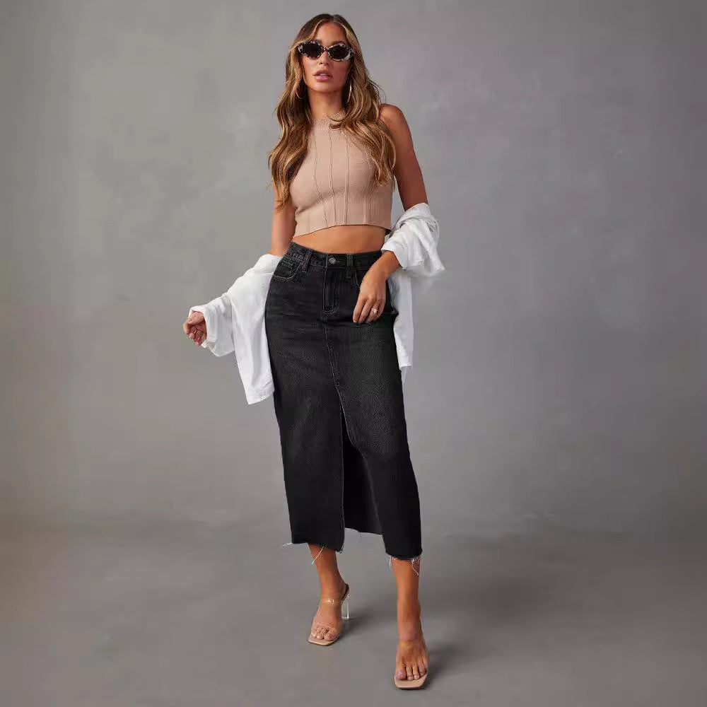Women's high-cut denim mid skirt with side slit and frayed hems Lune London