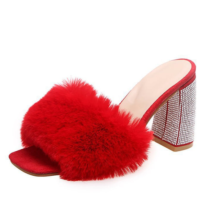 Glamorous mules for ladies with soft faux fur and sparkling heel Lune London