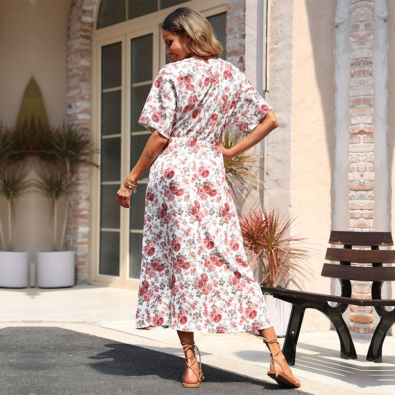 Maxi dress with floral print for women with side slit and tie belt Lune London