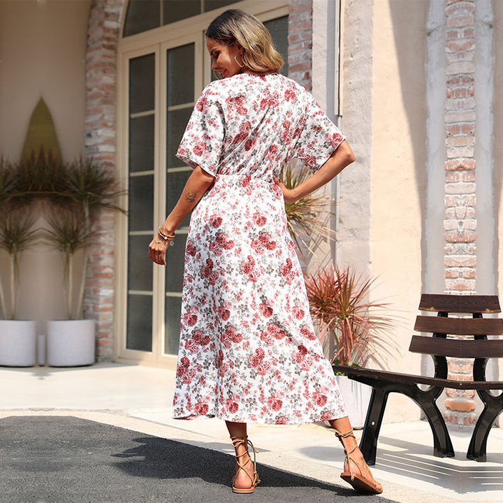 Maxi dress with floral print for women with side slit and tie belt Lune London