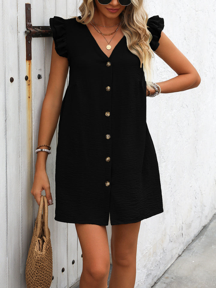 Lightweight wrap dress for women with ruffled details and button placket Lune London