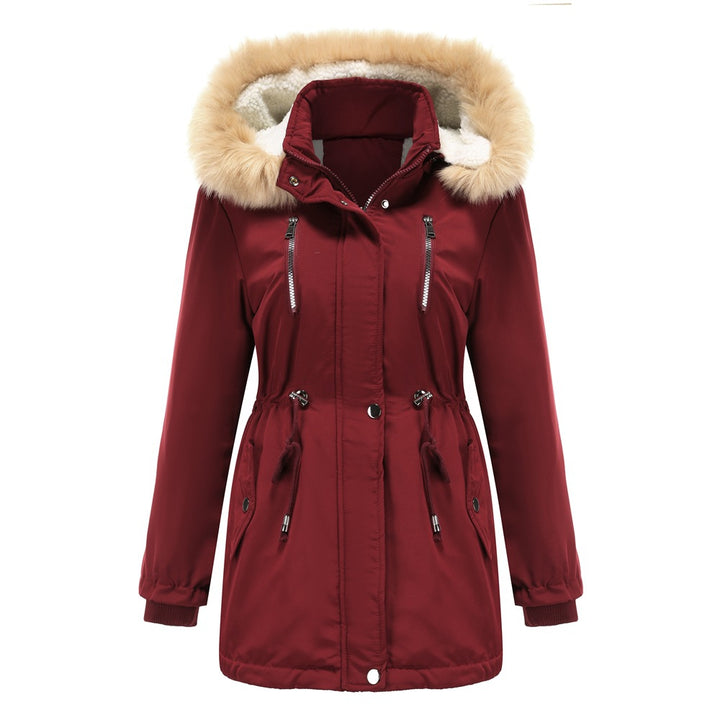 Veste de plein air pour femmes à la mode avec col en fausse fourrure amovible et cordon de taille élastique Lune London