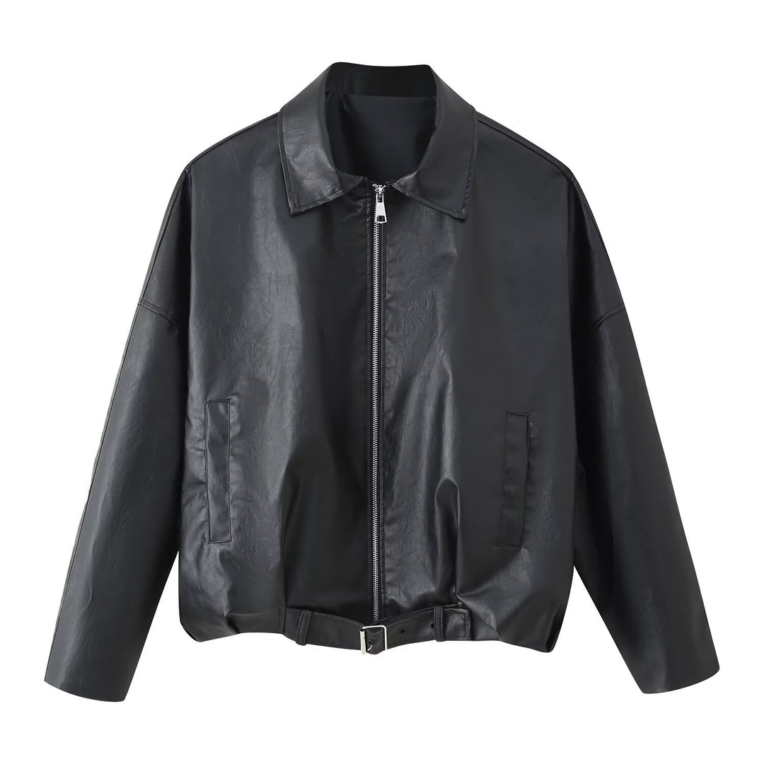 Faux leather jacket for women with high collar and practical pockets Lune London