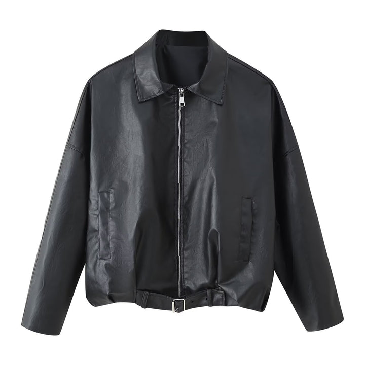 Faux leather jacket for women with high collar and practical pockets Lune London