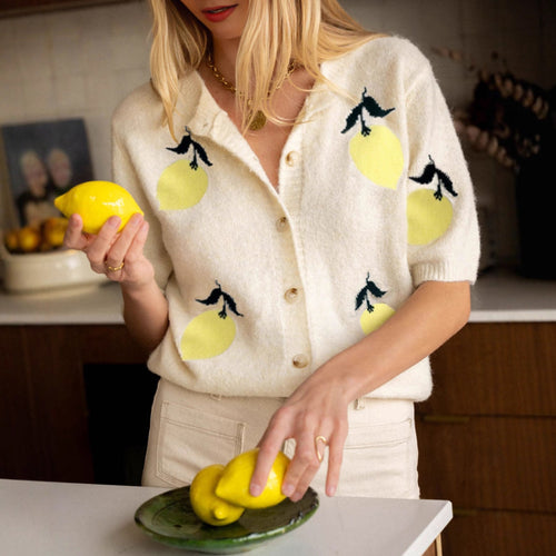 Knitted jacket for women with a cheerful lemon design and a short fit Lune London